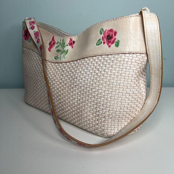 Cee Klein Purse Ivory Leather Basketweave Shoulder Bag Embossed Pink Roses - Picture 2 of 13